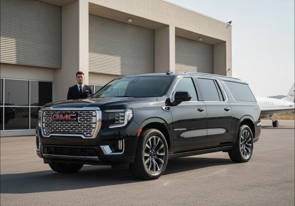Chauffeur beside a black GMC Yukon Denali XL on a private airport tarmac
