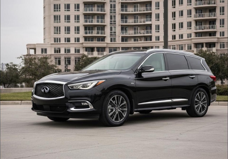 Black Infiniti QX60 parked in front of a McKinney, Texas residential tower